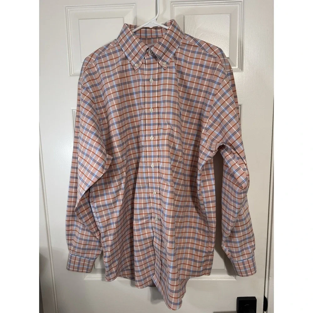 Brooks Brothers Shirt‎ Men's Button Down Striped Plaid Orange Blue Size Large